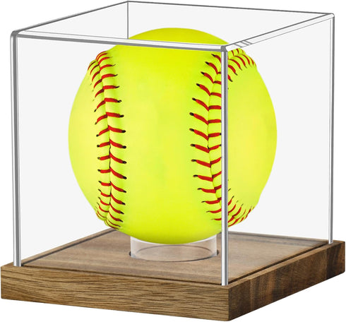 Clear Acrylic Softball Display Case with Wood Base, Memorabilia Stand Cube Holder,