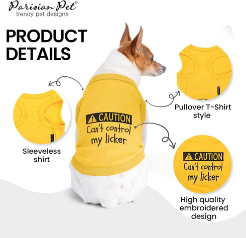 Parisian Pet Dog T-Shirt, 'Caution Can’t Control My Licker' Tank Top, Yellow, M