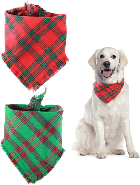 2 Pack Christmas Dog Bandanas, Dog Classic Plaid Scarf Triangle Bibs Kerchief