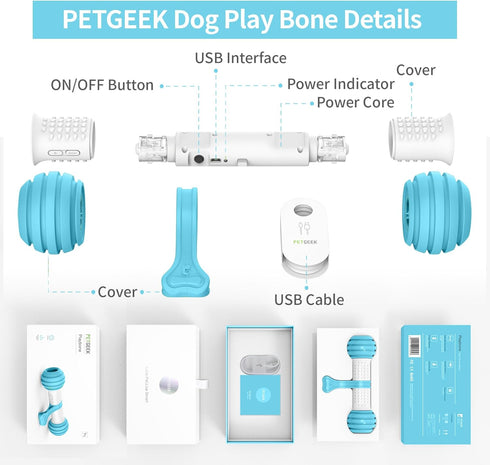 PETGEEK Interactive Dog Bone Toy, Automatic Chase Toy for Medium/Large Dogs, USB Rechargeable, Safe Material, Blue