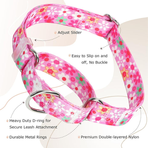 Martingale Collar for Dogs, Adjustable Pink Flowers Design, No Slip Collar for Large Medium Small Girl Dogs (S)