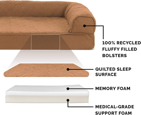 Furhaven Memory Foam Dog Bed for Medium/Small Dogs with Removable Bolsters & Washable Cover, Quilted Sofa, Toasted