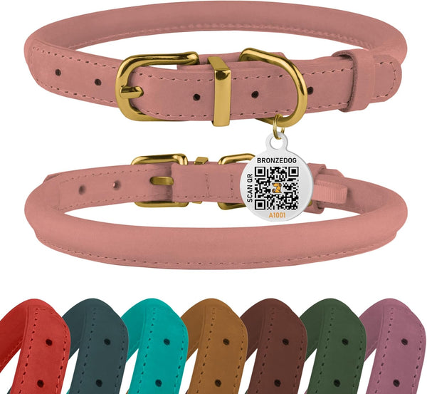 BRONZEDOG Adjustable Rolled Leather Dog Collar with QR ID Tag, Soft Round Collars for Small Medium Large Dogs (16" -