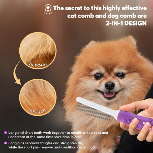 Detangling Pet Comb for Dogs & Cats, Grooming Tool with Long & Short Stainless Steel Teeth for Tangles.