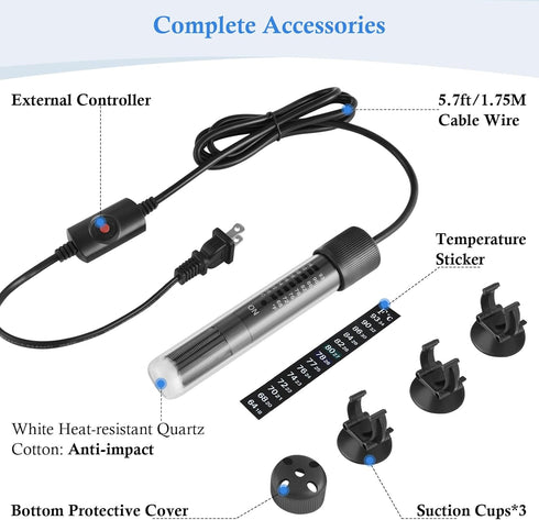 HITOP Thickened Glass Aquarium Heater: 50W, 100W, 300W Upgraded Fish Tank Thermostat Heater for Seawater/Fresh Water