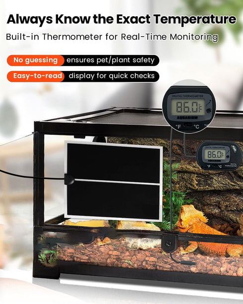 MQ Reptile Terrarium Heat Pad with LCD Digital Aquarium Thermometer, 5.5 x 6in Power Adjustment Heater Mat