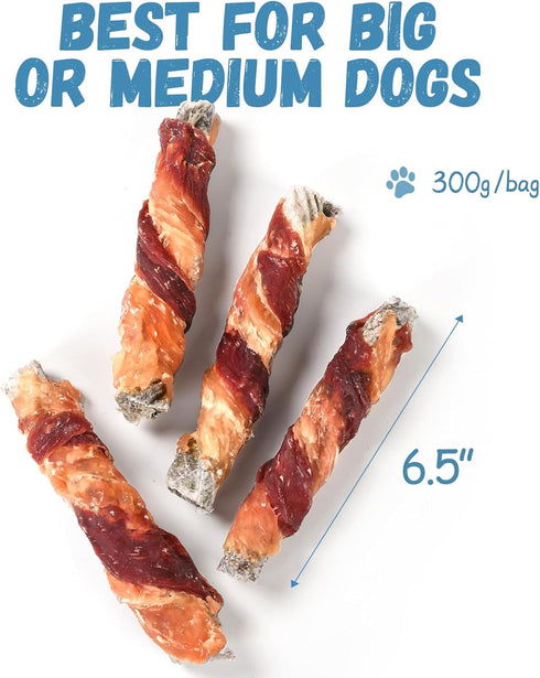 Dog Treats, Chicken Duck Wrapped Cod Skin Sticks Rawhide Free Grain Free Dog Chewy Treats for Dog Healthy Teeth and Coat Training Treats for Small Medium Large Dog 9-10 Counts