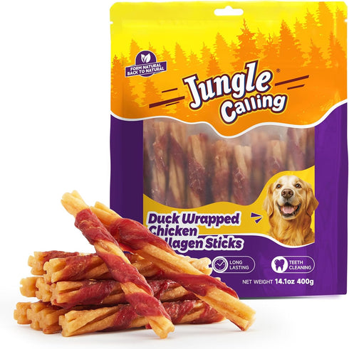 Jungle Calling 5-Inch Chicken Collagen Sticks (22-Count), Long Lasting Dog Chews, Duck