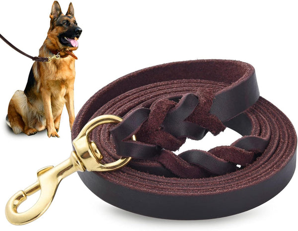 Genuine Leather Dog Leash, Heavy Duty Training Leashes for Large and Medium Dogs, 4FT / 5FT / 6FT Long, Black and Brown