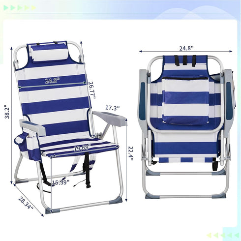 WISLAS Backpack 5-Position Folding High Beach Chair with Headrest & Cup Holder - Portable Aluminum Adjustable Reclining