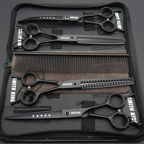Professional Dog Grooming Scissors Set 7.0 inches - Straight, Thinning, Curved, Chunkers & Comb, Black