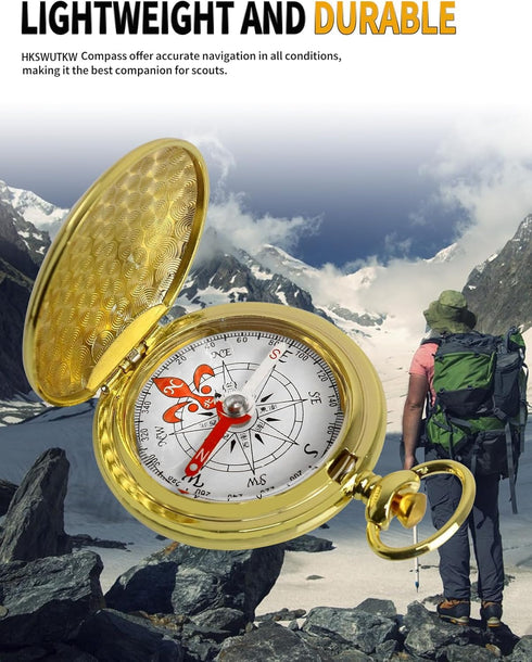 HKSWUTKW Brass Waterproof Golden Keychain Compass - Vintage Antique Design for Kids, Boy Scouts & Hiking - Survival