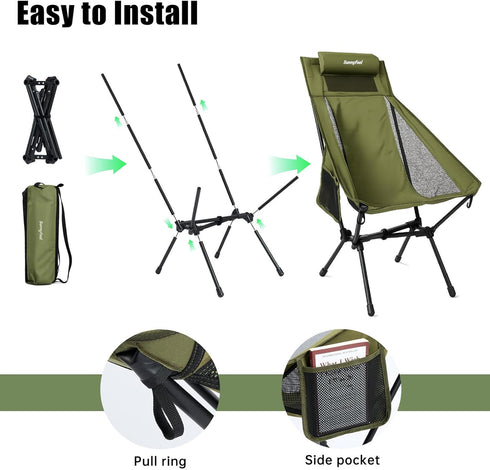 SUNNYFEEL High Back Camping Chair with Pillow, Heavy Duty Portable Folding Chair with Breathable Mesh, Sturdy Aluminum