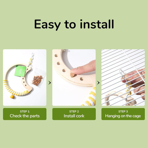 Natural Bird Swing - Moon-Shaped Parrot Perch with Bell and Cork Toys, Spinning Wooden Stand for Parakeets, Budgies