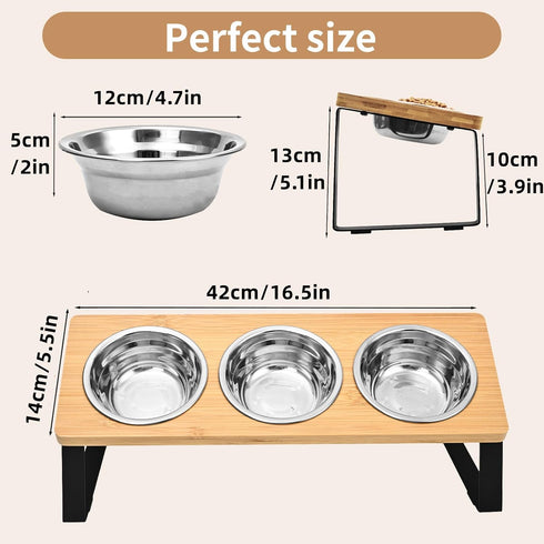 Raised Cat Food Water Bowl,Small Dog 15 ° Tilted Elevated Food Feeding Tray with Three Stainless Steel Bowls to Protect The Spine of Cats and Dogs from Vomiting (Wood Color)