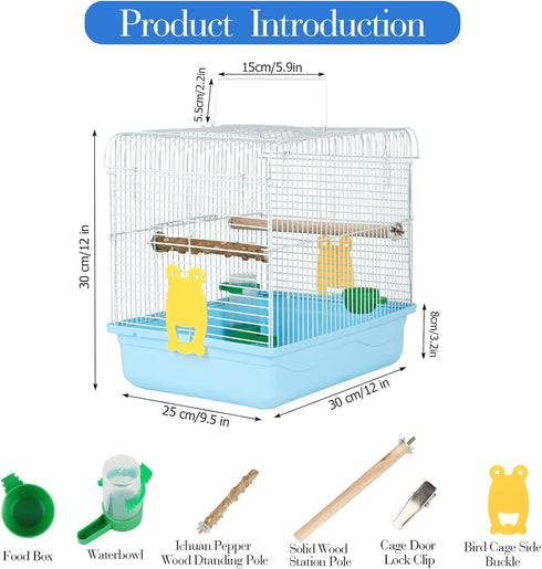 Travel Bird Cages for Cockatiels, Parrot Cage Starter Kit with Stand Accessories for Small Birds (Blue)