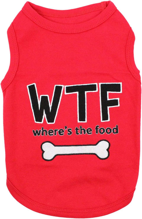 Parisian Pet Dog Tshirt - Lightweight Cotton Tank Top - Embroidered “WTF (Where’s The Food)” Sleeveless Tee for Large