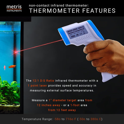 Metris Digital Non Contact Infrared Laser Thermometer Temp Gun for Aquarium Fish Tank, Reptile, Snake, Bearded Dragon, Terrarium Accessories, Handheld, Mini-Mee MMM-2