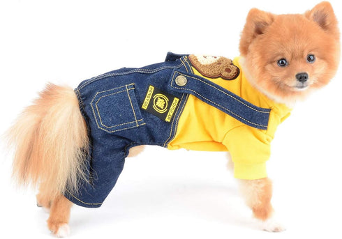 SELMAI Dog Outfits for Small Dogs Boy Girl Spring Shirts Denim Bib Pants 2 Pockets Jumpsuits One Piece Apparel for Cats Puppies Chihuahua Clothes Adorable Overall for Medium Pet 4 legs AutumnYellowXL