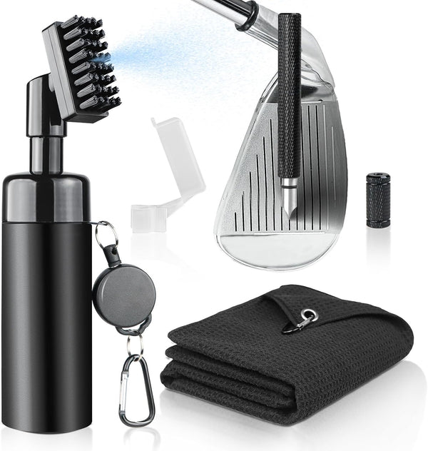 Golf Club Cleaner Brush & Golf Towel - Golf Groove Sharpener Tool with Spray Bottle & Retractable Clip