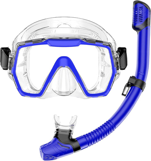 Snorkel Set for Adults, Anti-Leak and Anti-Fog Tempered Glass Lens Swim Mask with Dry Top Snorkel Kit
