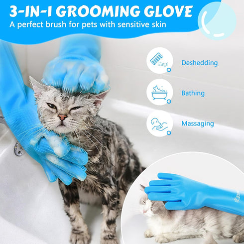 Pecute Heat Resistant Pet Grooming Gloves - Silicone Bathing Gloves with High-Density Teeth for Dogs & Cats (Blue)