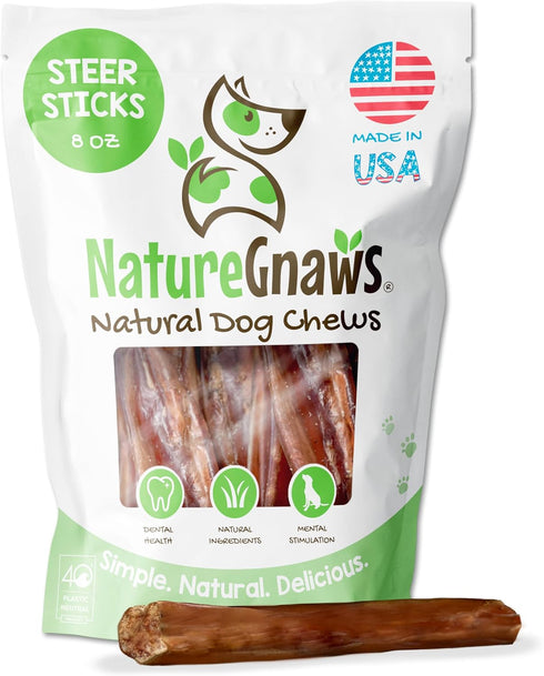 Nature Gnaws USA Steer Sticks for Dogs 5-7" (8oz) - Natural Beef Bully Chew Bones for Aggressive Chewers