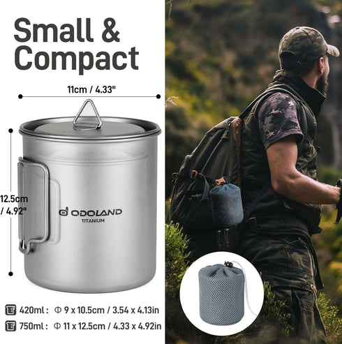 Odoland Titanium Camping Cookware Set: 420ML & 750ML Pot with Lid, Spork - Lightweight for Backpacking, Hiking, Picnic