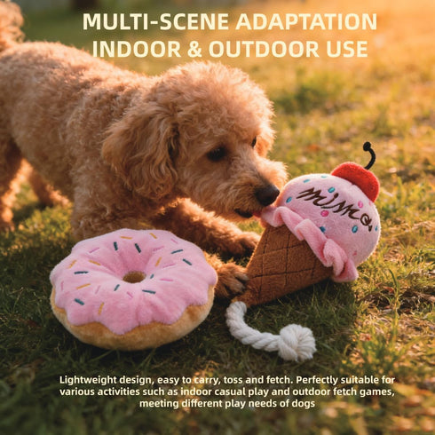 HEAT PAWS Pink Donut & Ice Cream Dog Plush Toys | Plush-Filled Squeaky Chew Toys (with Sprinkle Decoration) |