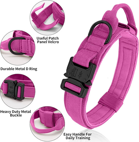 Tactical Dog Collar with Heavy Duty Metal Buckle and Handle for Dog Training, Pink, M