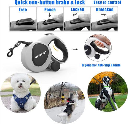Upgrade 3-in-1 Retractable Dog Leash, 26 ft Heavy Duty with Integrated Dispenser & Poop Bags, for Dogs up to 110 lbs