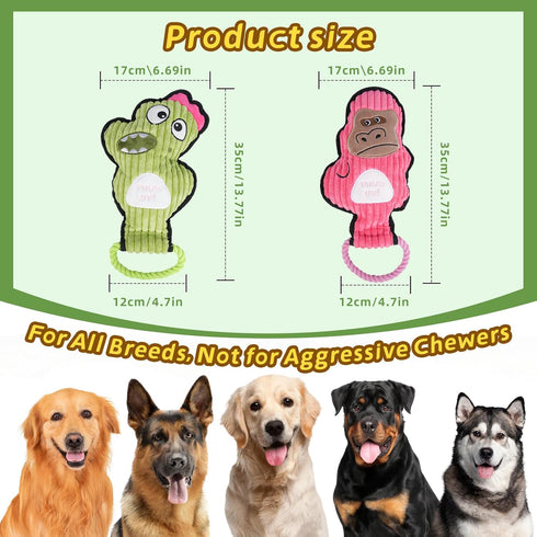 Grnstf 2-Pack Set Crinkle and Squeaky Dog Toys & Tough Tug of War - No Stuffing Chew-Resistant Plush Toys to Keep Them