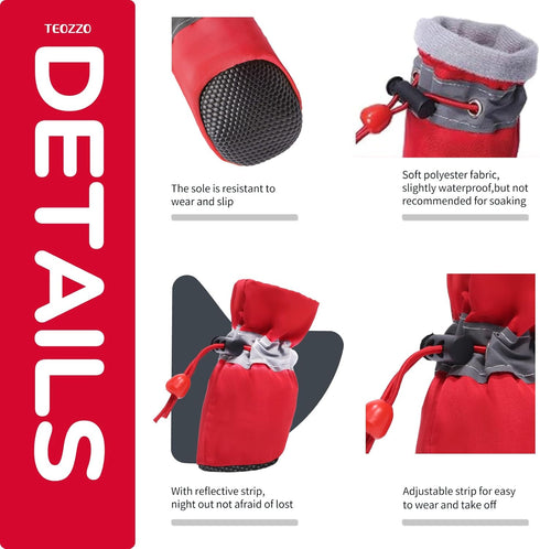 Dog Shoes & Paw Protector, Anti-Slip Sole Summer Dog Booties with Reflective Straps, 4PCS Red for Small Medium Dogs