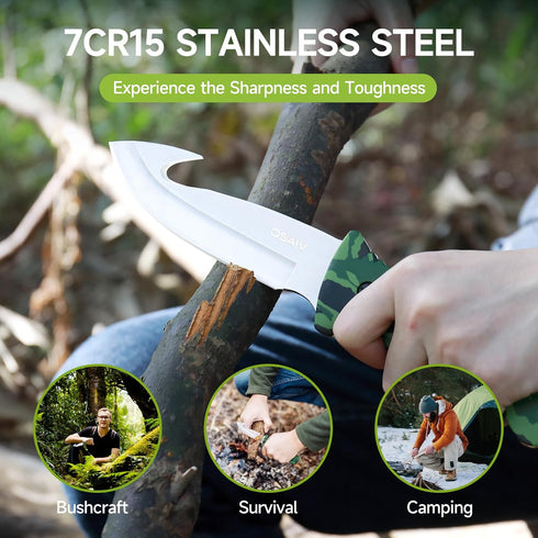 Fixed Blade Hunting Knife, Full Tang Stainless Steel Camping Knife with Gut Hook Edge, Green Wooden Handle, Sheath