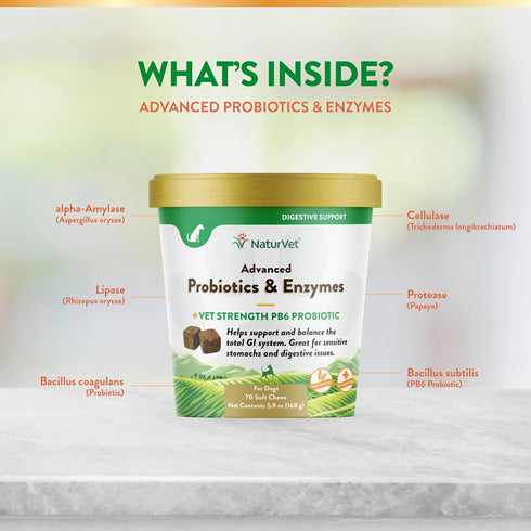 NaturVet Advanced Probiotics and Enzymes Supplement, Plus Vet Strength PB6 Probiotic, 70 Soft Chews Made in the USA