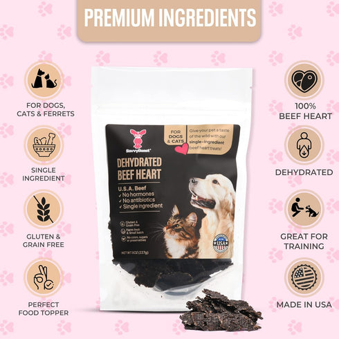 5 oz SavvyBeast Dehydrated Beef Heart for Dog Treats Single Ingredient, Air-Dried Organ Meat Rich in Taurine