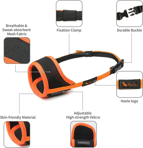 HEELE Dog Muzzle, Soft Nylon Anti Biting Muzzle, Adjustable Loop for Small Medium Large Dogs (Orange, M)