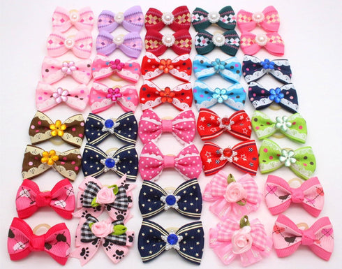 YOY 40pcs Grosgrain Ribbon Pet Dog Hair Bows - 20 Pairs with Rubber Bands - Grooming Accessories for Puppy & Kitty