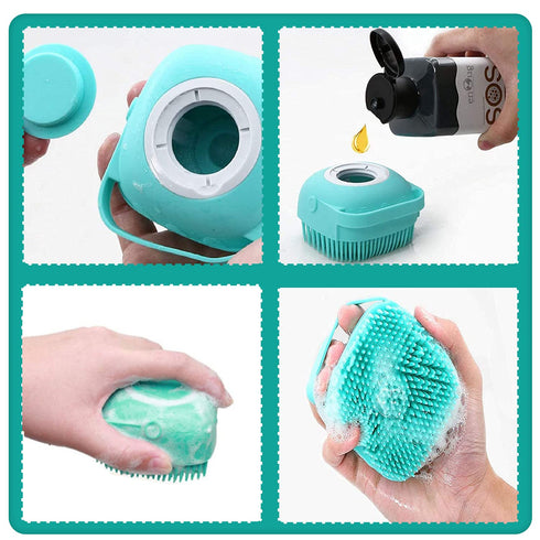 ELEGX Pet Grooming Bath Brush with Soap Dispenser, Soft Silicone Bristle for Long Short Haired Dogs Cats Shower (Blue)
