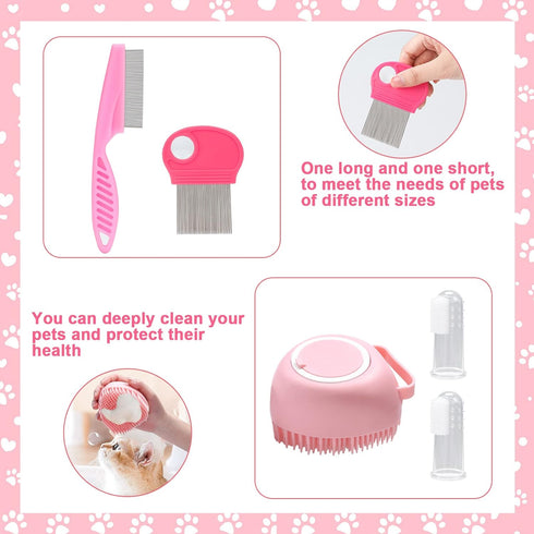 8 VCZONE Pcs Cat Brush Grooming Kits, Pet Self Cleaning Kit with Pet Nail Clipper and File, Flea Comb, Pet Shampoo Bath