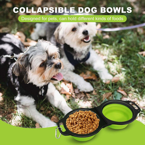 Collapsible Silicone Cat and Dog Travel Bowls, 2 in 1 Foldable Pet Feeding and Watering Dish with Carabiner (Green)