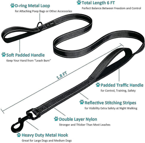 Dog Leash 6ft Long - Traffic Padded Two Handle - Heavy Duty - Double Handles Lead for Training Control - 2 Handle Nylon Leashes for Large Dogs or Medium Dogs - Reflective Leash Dual Handle (Black)