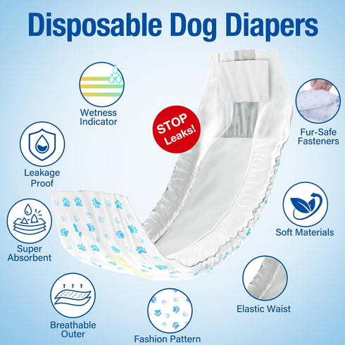 48 Counts Pet Soft Disposable Male Dog Wraps - Dog Diapers for Male Dogs, Puppy Diapers with Wetness Indicator XSmall