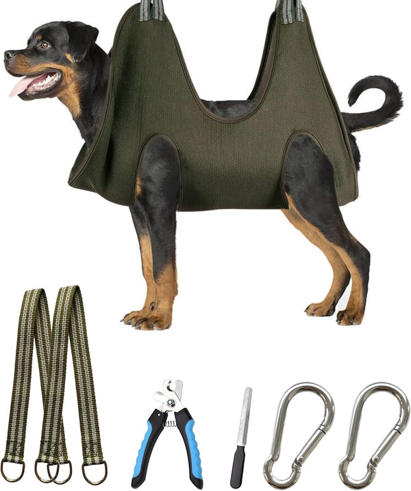 10 in 1 Pet Grooming Hammock Harness with Nail Clippers, Trimmer, Comb, XXL/Under 120lb, Khaki Green