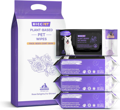 HICC PET Cleaning Deodorizing Wipes for Dogs & Cats, Plant-Based Gentle Wipes for Paws and Butt, Fresh Rose Scent