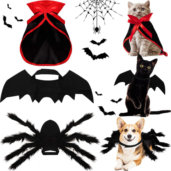 3 Piece Halloween Cat Dog Costume Set - Pet Bat Witch Vampire Cloak, Giant Imitation Spider for Dogs, Cats, Red, S
