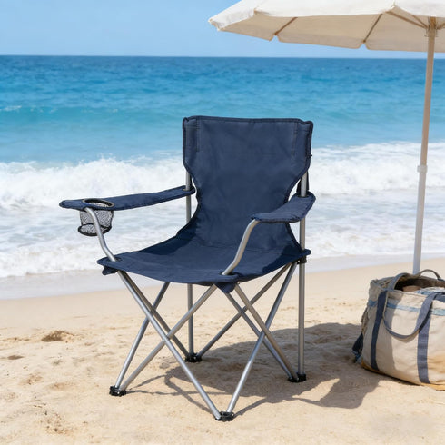 Generic 250LBS, Quad Folding Camp Chair with Cup Holder, Dark Blue, Heavy-Duty Steel Frame, Supports Portable Compact