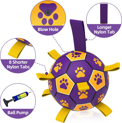 QDAN Dog Ropes Toys Soccer Ball with Straps - Interactive Tug of War Toy, Durable Water Toy for Medium & Large Dogs,