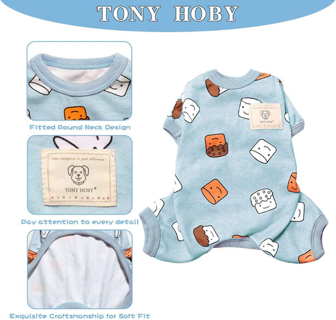 TONY HOBY Dog Pajamas, Soft Breathable Jumpsuit with Cute Smile Cupcake for Small Medium Dogs (Blue, XS)
