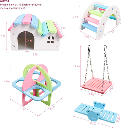 DIY Wooden Dwarf Hamsters House, Gerbil Hideout with Rainbow Bridge Swing, PVC Seesaw, Small Animal Habitat Accessories